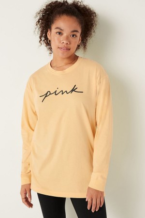 Atomic Pink Sans Logo Victoria's Secret Cotton Long Sleeve Campus T-Shirt | BOH-285691