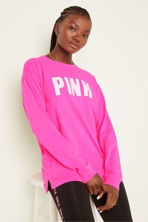 Atomic Pink Sans Logo Victoria's Secret Cotton Long Sleeve Campus T-Shirt | DRU-423861