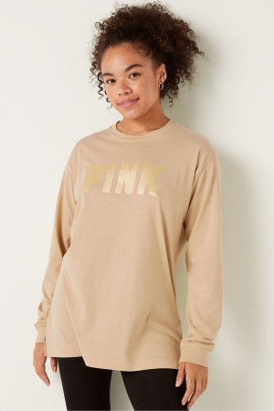 Atomic Pink Sans Logo Victoria's Secret Cotton Long Sleeve Campus T-Shirt | SMA-417659