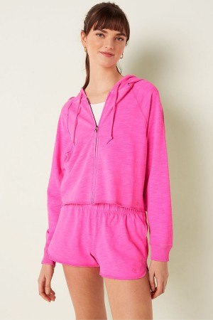 Atomic Pink Victoria's Secret Cotton Slub Crop Cut Off Full Zip Hoodie | CZU-283679