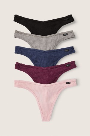 Black/Grey/Blue/Burgundy/Pink Victoria's Secret Stretch Cotton Cotton Thong Knickers 5 Pack | HUE-145793