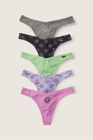 Black/Grey/Blue/Burgundy/Pink Victoria's Secret Stretch Cotton Cotton Thong Knickers 5 Pack | ZTO-052796