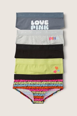 Black/Grey/Green Logo Print Victoria's Secret Cotton Hipster Knickers 5 Pack | MWG-761980