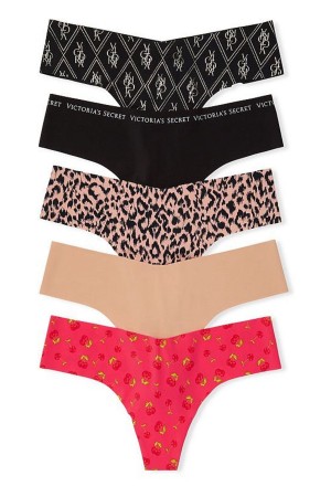 Black/Nude/Red Print Victoria's Secret 5 Pack No Show Thong Knickers | PAO-135894