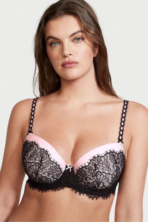 Black And Pink Victoria's Secret Dream Angels Lace Push Up Bra | KYF-293617