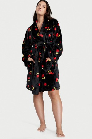 Black Cherries Victoria's Secret Cosy Short Dressing Gown | GUO-253061