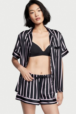 Black Classic Stripe Victoria's Secret Satin Short Pyjamas | TNR-609283