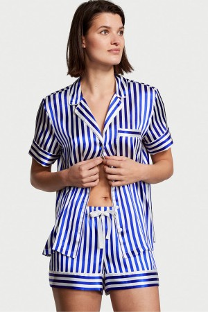 Black Classic Stripe Victoria's Secret Satin Short Pyjamas | PCI-196237