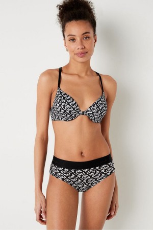 Black Logo Print Victoria's Secret Wear Everywhere Front Close Push Up Bra | ZDP-150274