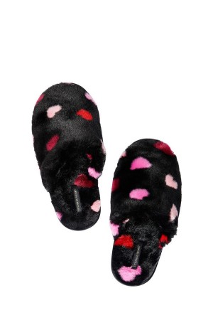 Black Multi Heart Victoria's Secret Closed Toe Faux Fur Slipper | IQC-651720