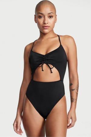 Black Shine Victoria's Secret Ruched Shine Cut Out One Piece Swimsuit | IEG-817950