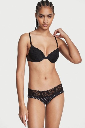 Black Tiny Mini Dot Victoria's Secret No-Show Lace Waist Hipster Knickers | UWE-760532