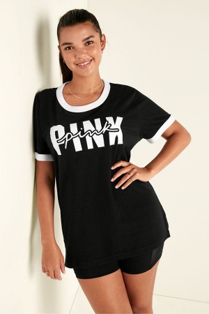 Black Victoria's Secret Cotton Short Sleeve Campus Ringer T-Shirt | EPH-891523