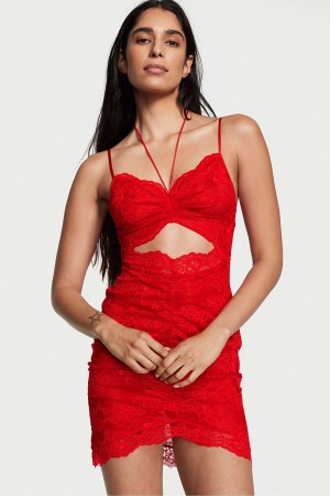 Black Victoria's Secret Luxe Lingerie Ruched Lace Cutout Dress | QVE-524980