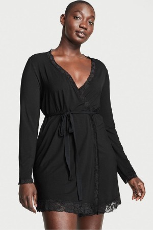 Black Victoria's Secret Modal Short Long Sleeve Robe | WGB-568231