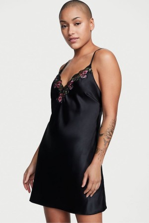 Black Victoria's Secret Satin Embroidered Slip Dress | ZJI-942813