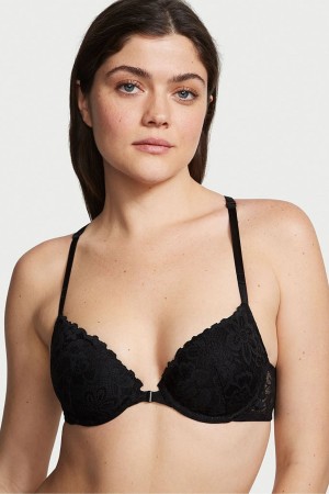 Black Victoria's Secret Sexy Tee Lace Front Fastening Push Up T-Shirt Bra | HWZ-970435