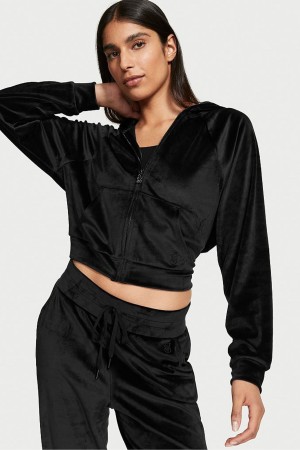 Black Victoria's Secret Velour Lounge Zip Up Hoodie | HGT-641307