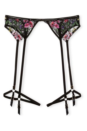 Black Victoria's Secret Very Sexy Floral Embroidered Garter Belt | RJM-987540