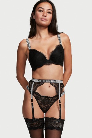 Black Victoria's Secret Very Sexy Shine Strap Suspenders | QGL-476158