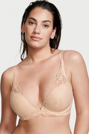 Champagne Nude Victoria's Secret Love Cloud Lace Half Pad Plunge Bra | ERD-048529