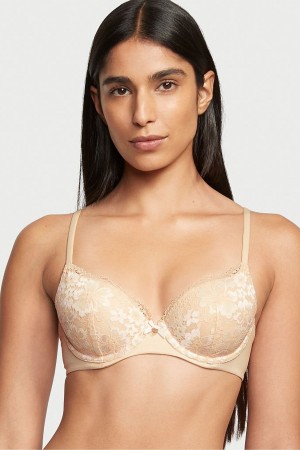 Champagne Xdye Nude Victoria's Secret Body by Victoria Front Fastening Lace Trim Lightly Lined Demi Bra | ALC-526734