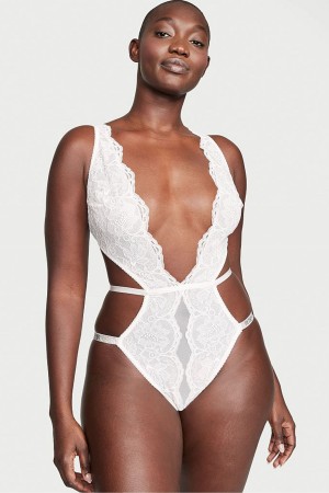 Coconut White Victoria's Secret Shine Strap Plunge Lace Bodysuit | YRV-170653