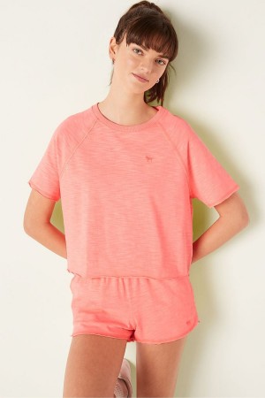 Coral Flash Orange Victoria's Secret Cotton Slub Short Sleeve Crew Crop T-Shirt | JTU-682354