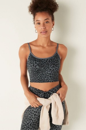 Dark Steel Leopard Grey Victoria's Secret Lightly Lined Low Impact Sport Crop Top | RZV-923506