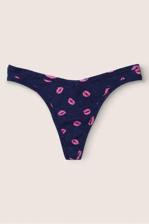 Ensign Lips Print Blue Victoria's Secret Stretch Cotton Cotton Thong Knickers | SWV-780569