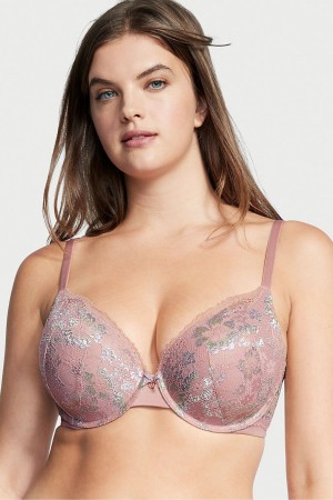 French Mauve Double Lurex Pink Victoria's Secret Body by Victoria Lace Full Cup Push Up Bra | RMX-854796