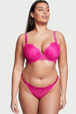 Fuschia Frenzy Pink Victoria's Secret Very Sexy Lace Shine Strap Thong Knickers | LTS-674021