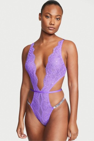 Fuschia Frenzy Pink Victoria's Secret Very Sexy Shine Strap Lace Crotchless Bodysuit | YVJ-506238