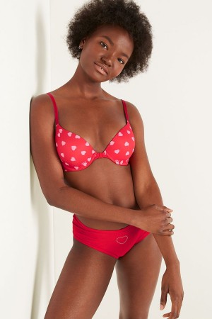 Heart Print Red Victoria's Secret Wear Everywhere Front Fastening Push Up T-Shirt Bra | OQK-298051