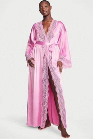 Lilac Chiffon Pink Victoria's Secret Lace Trim Satin Long Robe | LVG-257684