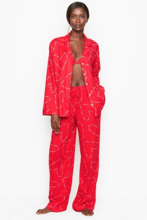 Lipstick Red Script Hearts Victoria's Secret Flannel Long Pyjamas | OGE-076392