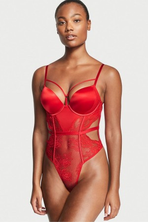 Lipstick Red Victoria's Secret Luxe Lingerie Fishnet Bombshell Bodysuit | IFP-035894