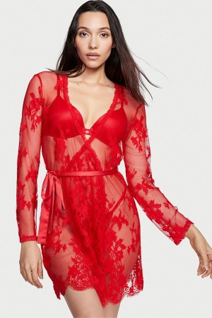 Lipstick Red Victoria's Secret Luxe Lingerie Lace Short Dressing Gown | DZE-246978