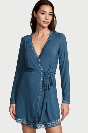 Midnight Sea Blue Victoria's Secret Modal Lace Trim Robe | ACD-510374