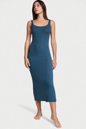 Midnight Sea Blue Victoria's Secret Modal Ribbed Long Slip Dress | PDY-096581