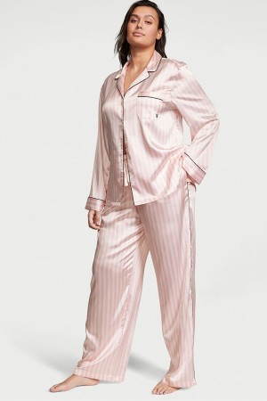 Pretty Blossom Iconic Stripe Pink Victoria's Secret Satin Long Pyjama Set | HXJ-086127