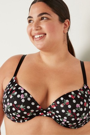 Pure Black Floral Dot Black Victoria's Secret Wear Everywhere Wear Everywhere Smooth Push Up T-Shirt Bra | USX-062984