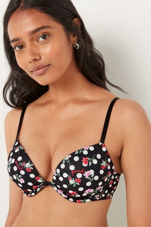 Pure Black Floral Dot Victoria's Secret Wear Everywhere Smooth Non Wired Push Up T-Shirt Bra | XCM-618205