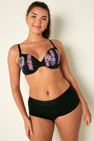 Pure Black Floral Logo Victoria's Secret Wear Everywhere Smooth Lightly Lined T-Shirt Bra | ESR-081752