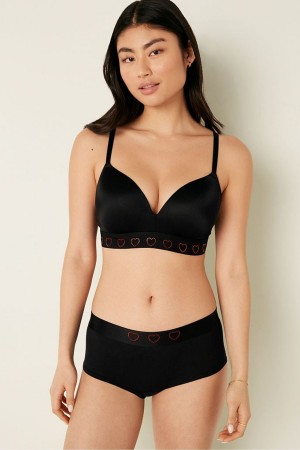 Pure Black Heart Shine Victoria's Secret Wear Everywhere Smooth Non Wired Push Up T-Shirt Bra | UOQ-381975