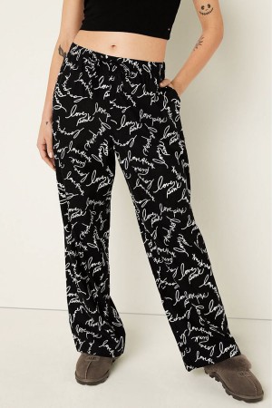 Pure Black Script Logo Victoria's Secret Flannel Pyjama Bottoms | TZU-456109