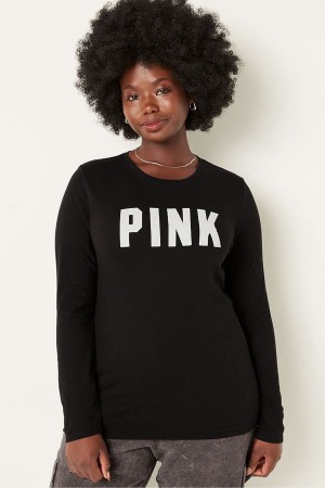 Pure Black Victoria's Secret Everyday Long Sleeve Crew Tee | RLV-528971