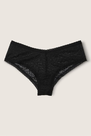 Pure Black Victoria's Secret Lace Logo Cheeky Knickers | HAV-361204