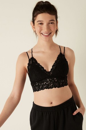 Pure Black Victoria's Secret Lace Strappy Back Longline Bralette | WLJ-867159