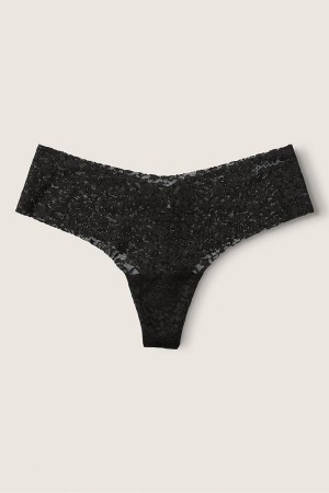 Pure Black Victoria's Secret No-Show No Show Thong Lace Knickers | FCN-206359